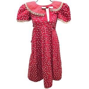 VTG 70s/80s Red Heart Print Prairie Dress‎ Handmade Cottagecore XXS/0 Lace Trim